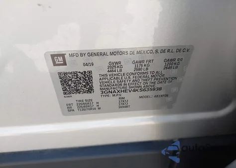 2019 Chevrolet Equinox Ls из США, поврежденный, VIN 3GNAXHEV4KS635938